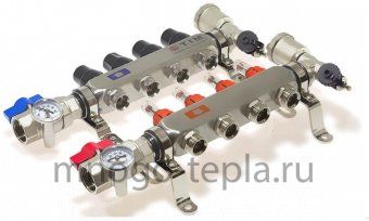 Коллекторная группа Tim (KAS5010) 1" ВР-ВР, 10 отводов 3/4", нержавеющая сталь, расходомер, воздухоотводчик, сливной кран, торцевой кран, термометр - №1